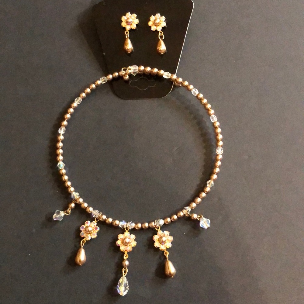 Gold Flower and Rhinestone Choker